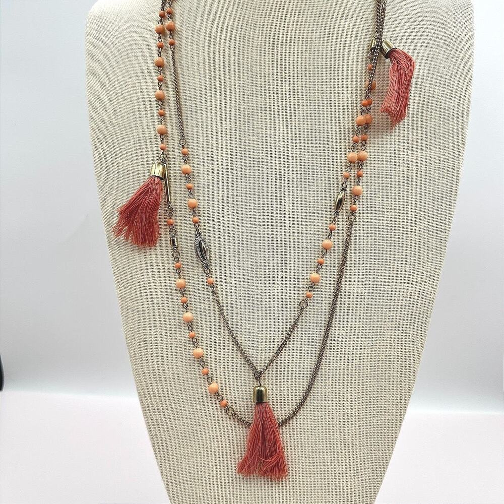 Vintage Y2K Multi Strand Necklace Peach Coral Pink Seed Beaded Tassels Jewelry